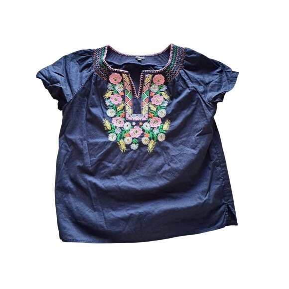 Talbots Petites Navy Heavily Embroidered Floral Blouse M/P Cotton Short Sleeve - Picture 2 of 10